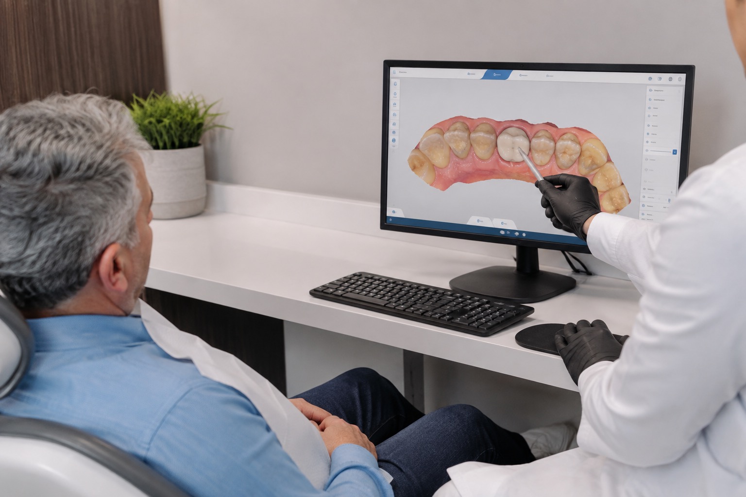 Reviewing a 3D dental scan on screen — same-day crown planning